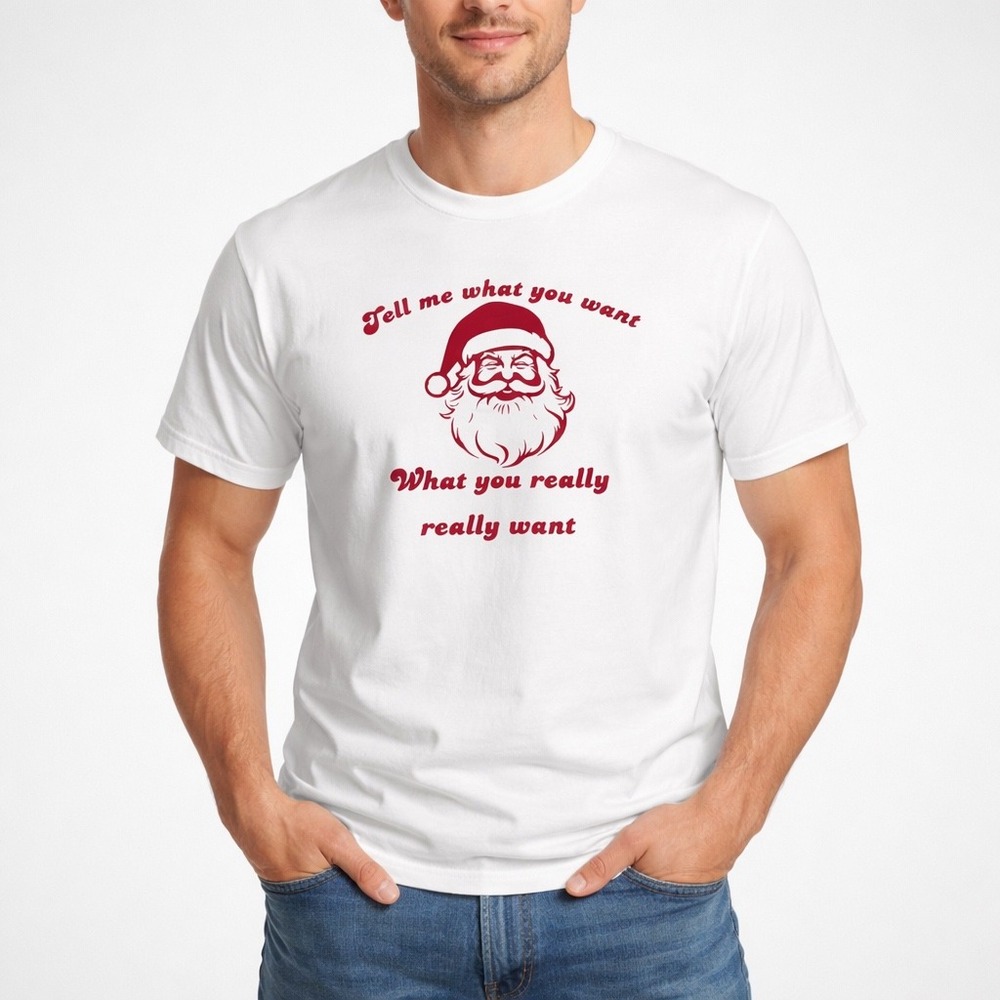 Gildan White Santa Tell Me What You Want Christmas Graphic T Shirt Size M‎